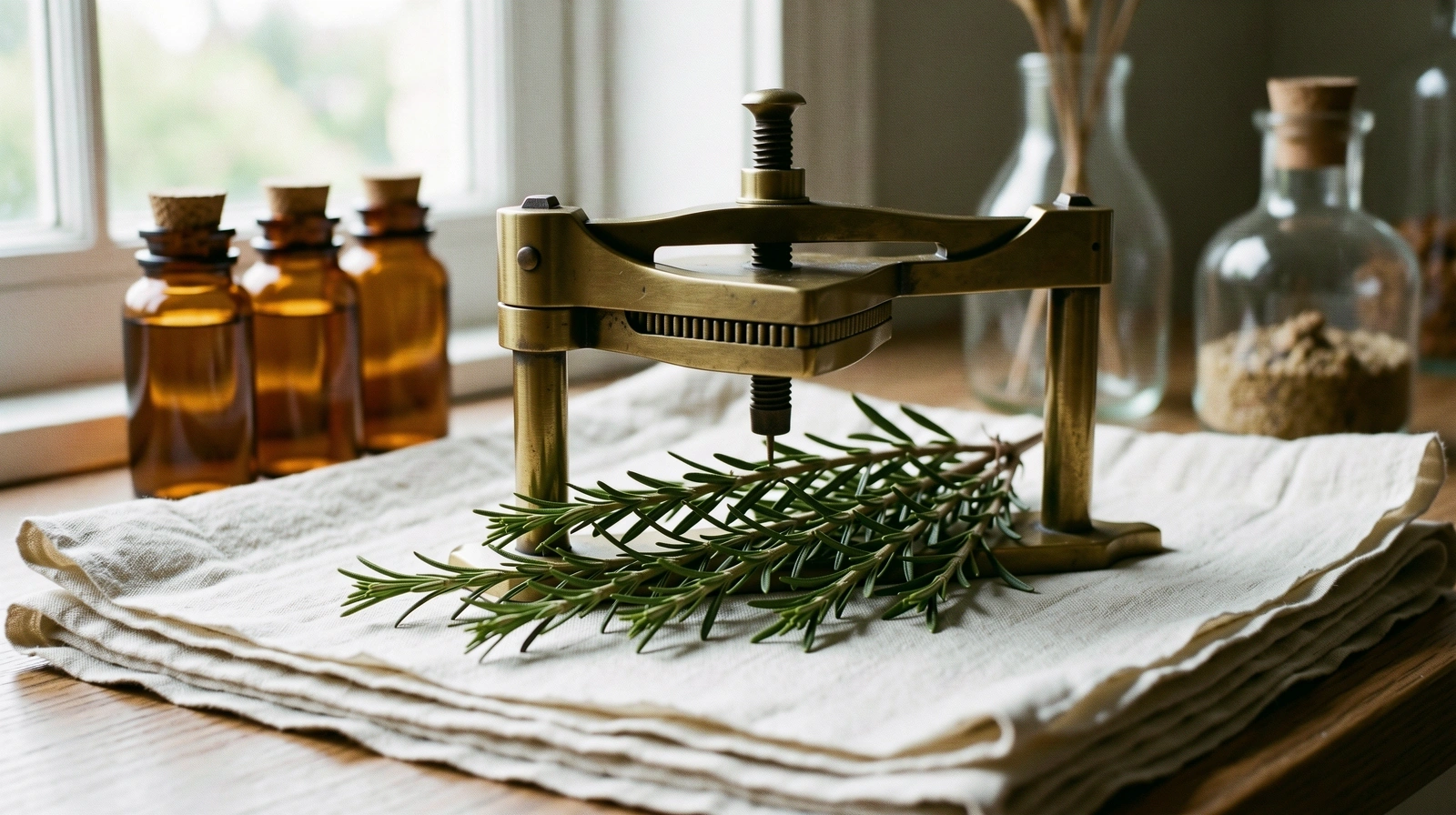 Pressed botanical specimen and apothecary tools